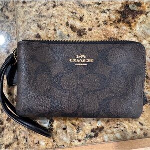 Coach Signature Brown Wristlet Clutch